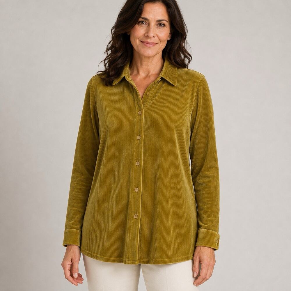 Soft Surroundings Ribbed Velvet Velour Top Medium Goldenrod Button Up Long sleev